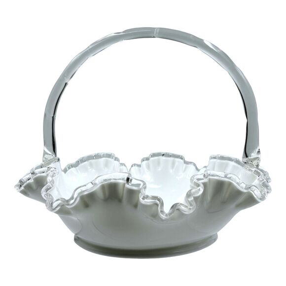 Vintage Fenton Silver Crest Bridal Basket White Ruffled Clear Edges Handle Large - Picture 3 of 16